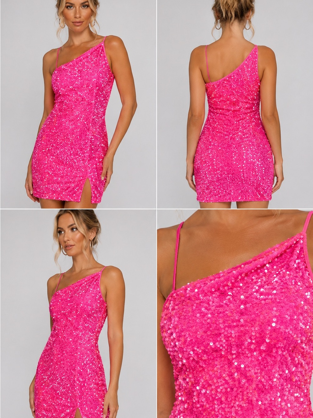 Asymmetric One-Shoulder Sequin Mini Dress in Hot Pink